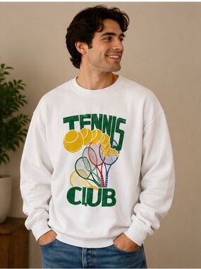 Project Social T White Crewneck with Green, Yellow & Blue Tennis Graphic